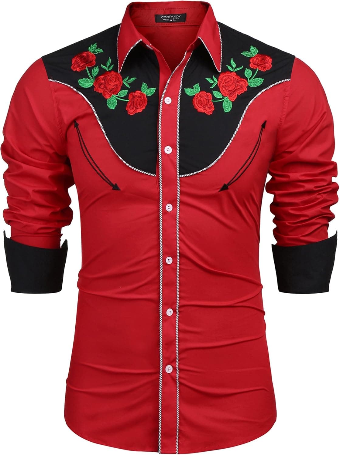 COOFANDY Men's Embroidered Rose Design Western Shirt Long Sleeve Button Down Shirt