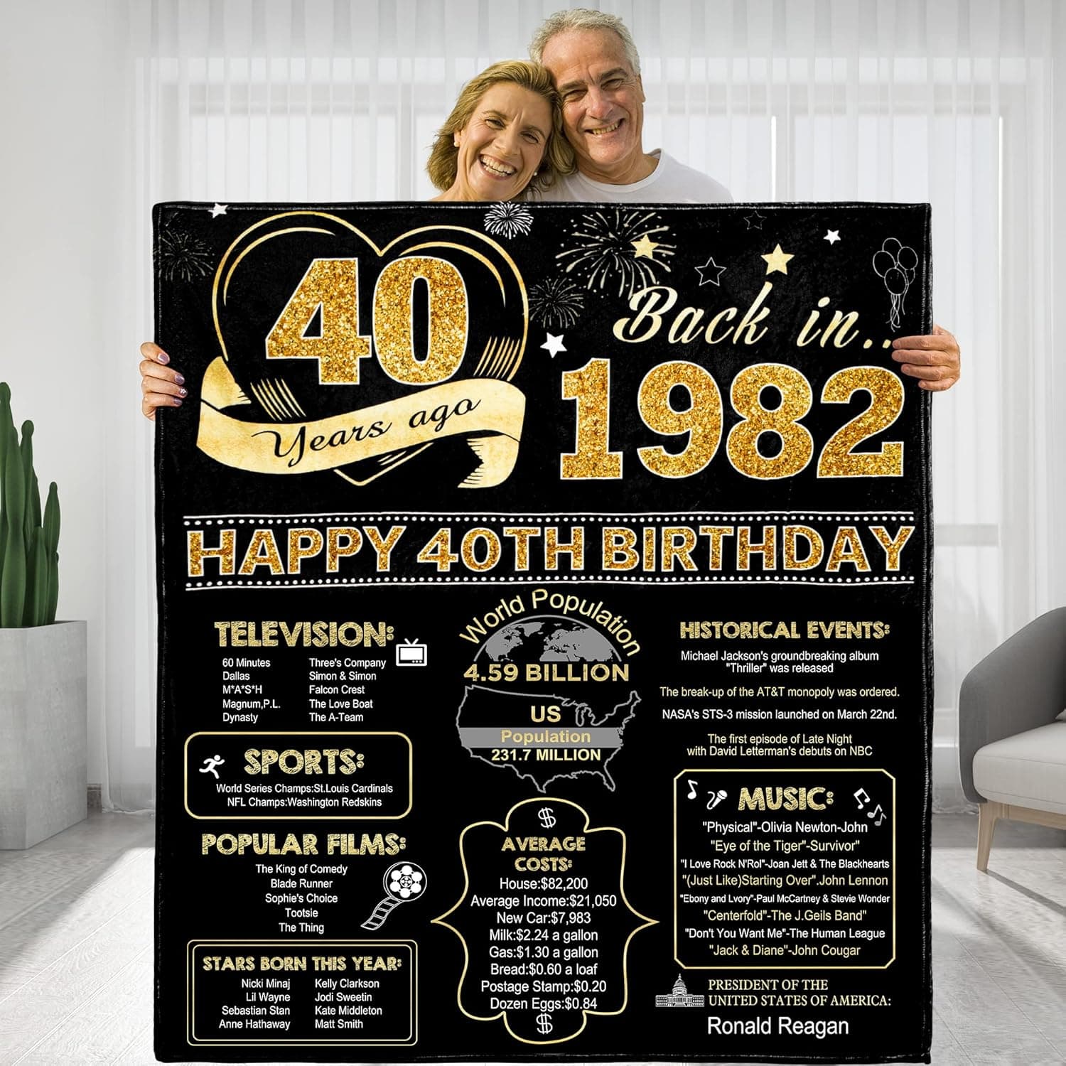 KERAOO 40 Years Ago 40th Birthday Gifts for Men Throw Blanket, Perfect 1982 Anniversary Birthday Gifts Ideas for Husband Dad Grandpa Friends,Gold Blanket Back in 1982 40th Birthday Gifts