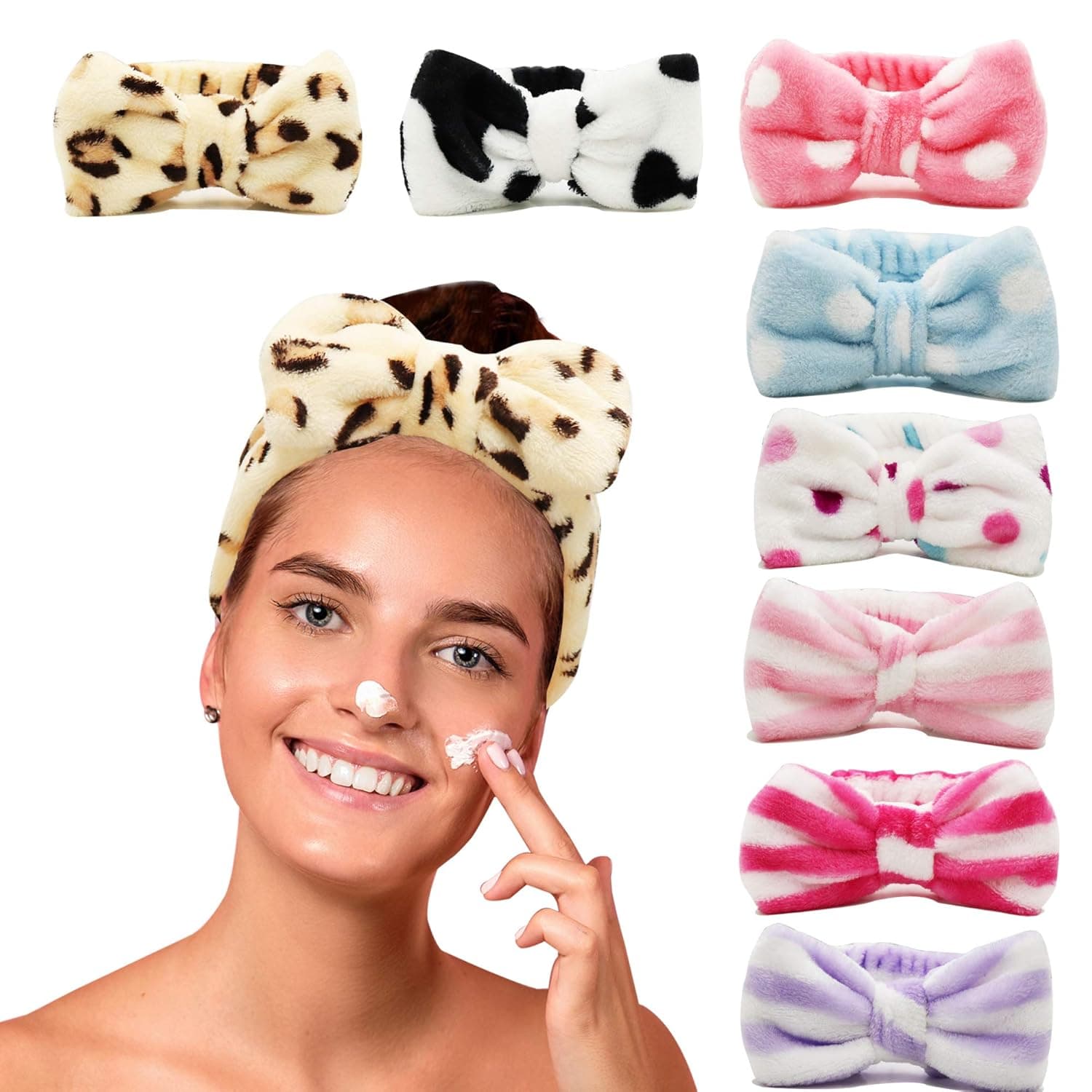 Women Facial Spa Headband, 8 Pack Bow Headband, Coral Fleece Cosmetic Makeup Headband Skincare Headband for Washing Face Makeup