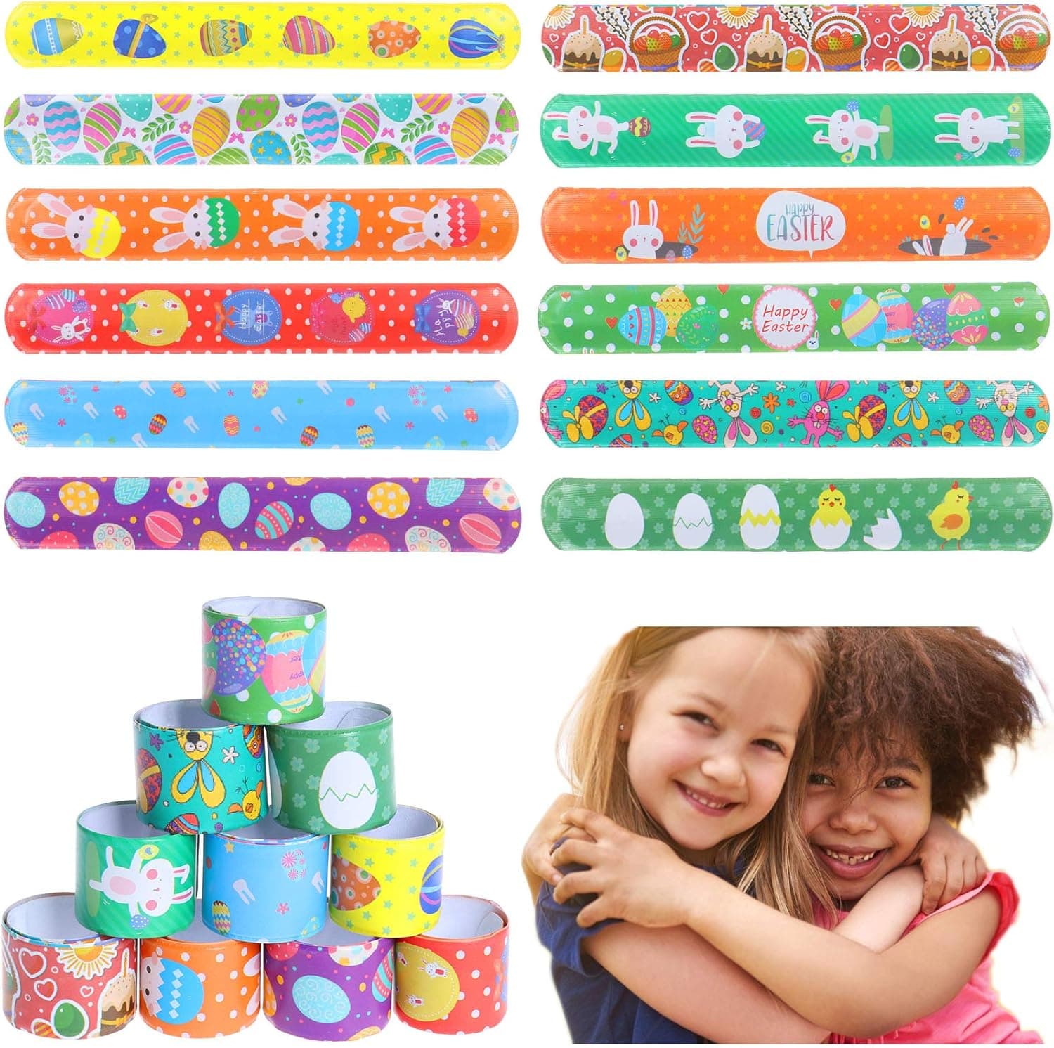 XIDAJIE 48PCS Easter Day Slap Bracelets Snap Slip Wristband Bunny and Colorful Egg Printed Easter' Day Snap Bands for Adults Boys Kids Party Favors Supplies Gifts Decorations