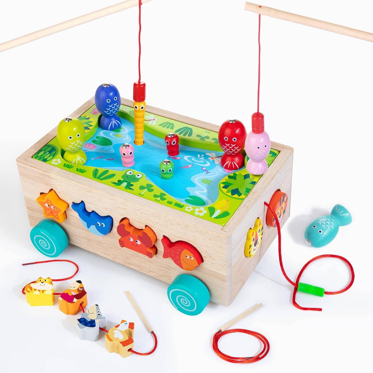 Lawcephun Montessori Wooden Shape Sorter Toys for Toddlers, Multifunctional Magnetic Fishing Game Car with Animal Blocks, Preschool Fine Motor Skills Toys Gift for 1 2 3 Years Old Baby Boys Girls