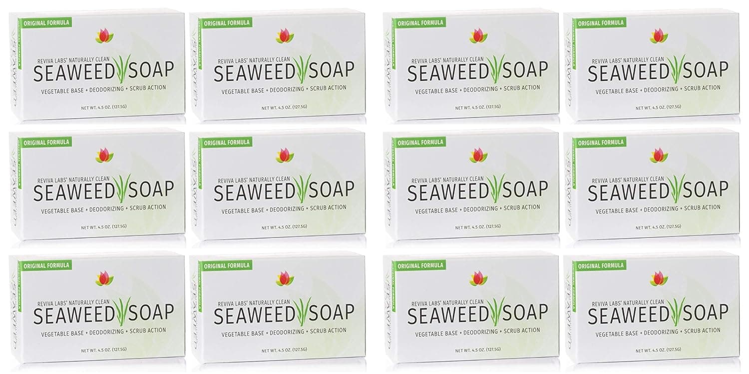 Reviva Seaweed Soap - 12 Pack - Organic Seaweed Face Scrub and Exfoliating Body Scrub Soap Bar - 4.5 oz. Vegetable Base Natural Bar Soap and Seaweed Bath Detox Soap Made in the USA