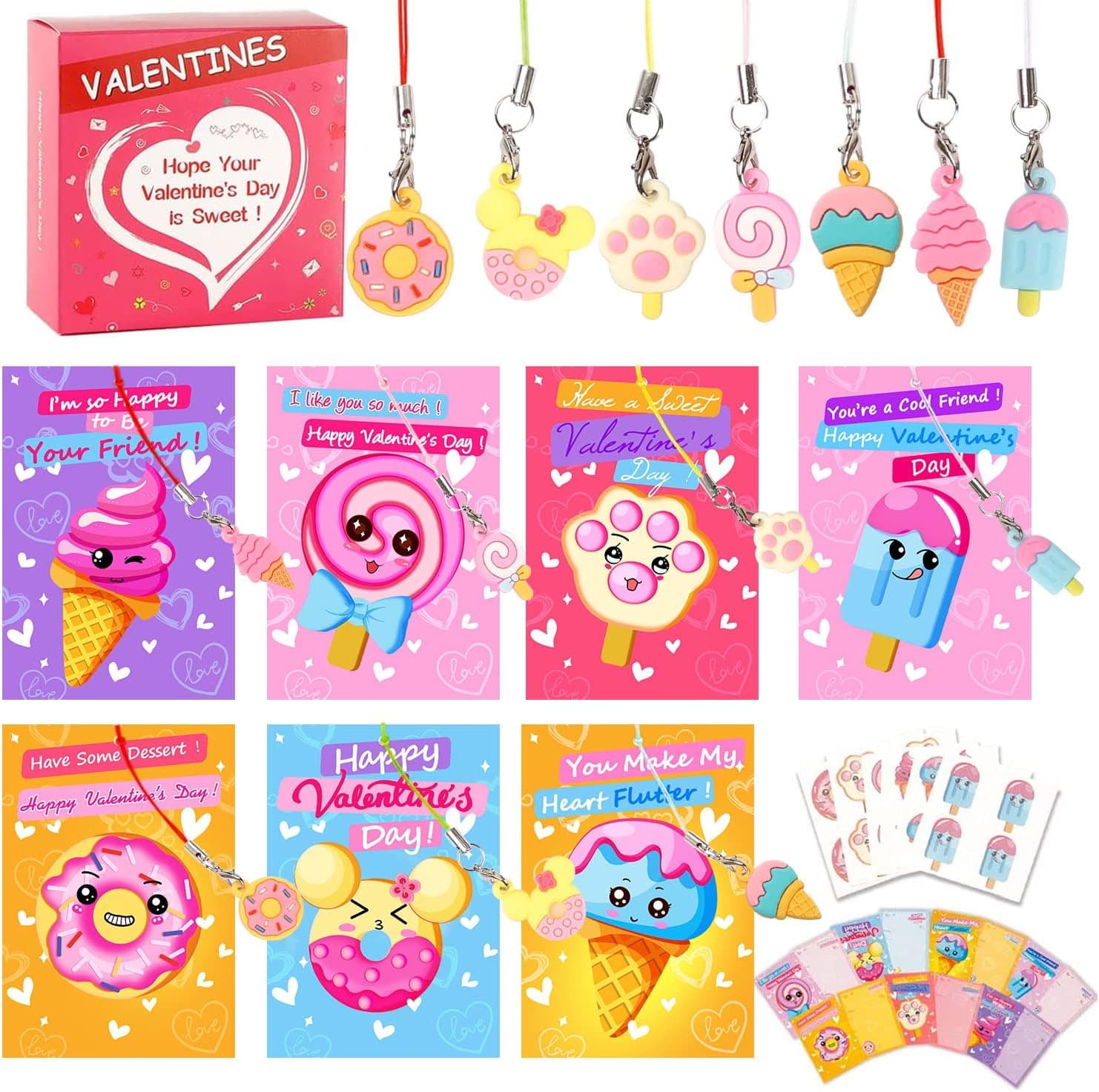 Valentines Day Cards for Kids - 35Pcs Desserts Kids Valentines Cards With Cute Pendants in 7 Different Patterns, Perfect Valentines Day Gift Cards for Kids Classroom Exchange, School Party Favors