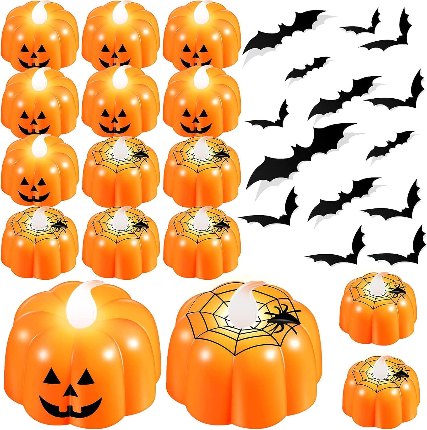 12 Pieces Pumpkin Flameless Tea Light Candles and 24 Pieces 3D Decorative Scary Bats Wall Decal Wall Stickers Set, DIY Halloween Thanksgivings Themed Party Supplies Decorations
