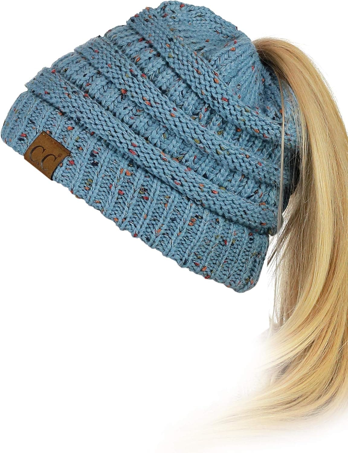 C.C BeanieTail Soft Stretch Cable Knit Messy High Bun Ponytail Beanie Hat
