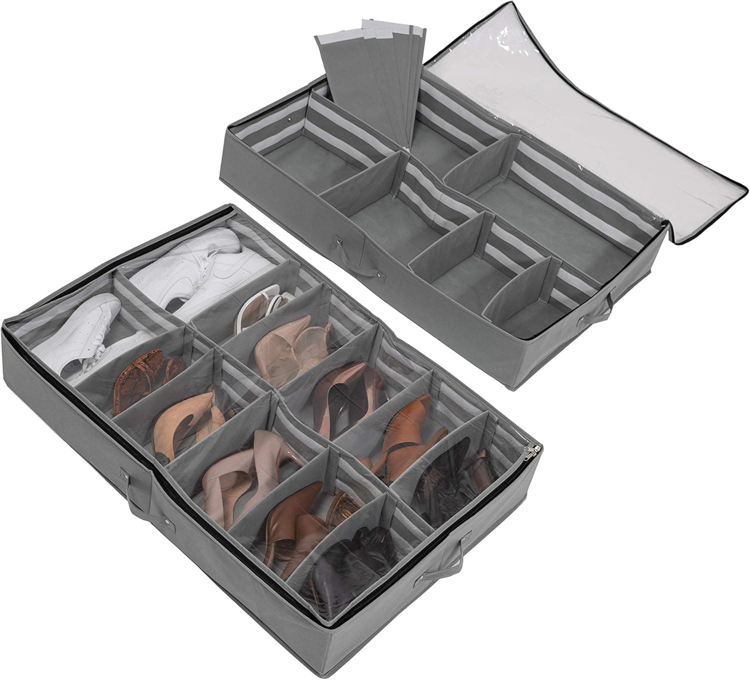 DECOLUXE Set of 2 Under Bed Shoe Organizer and Storage with Customizable Dividers up to 24 Pairs Total