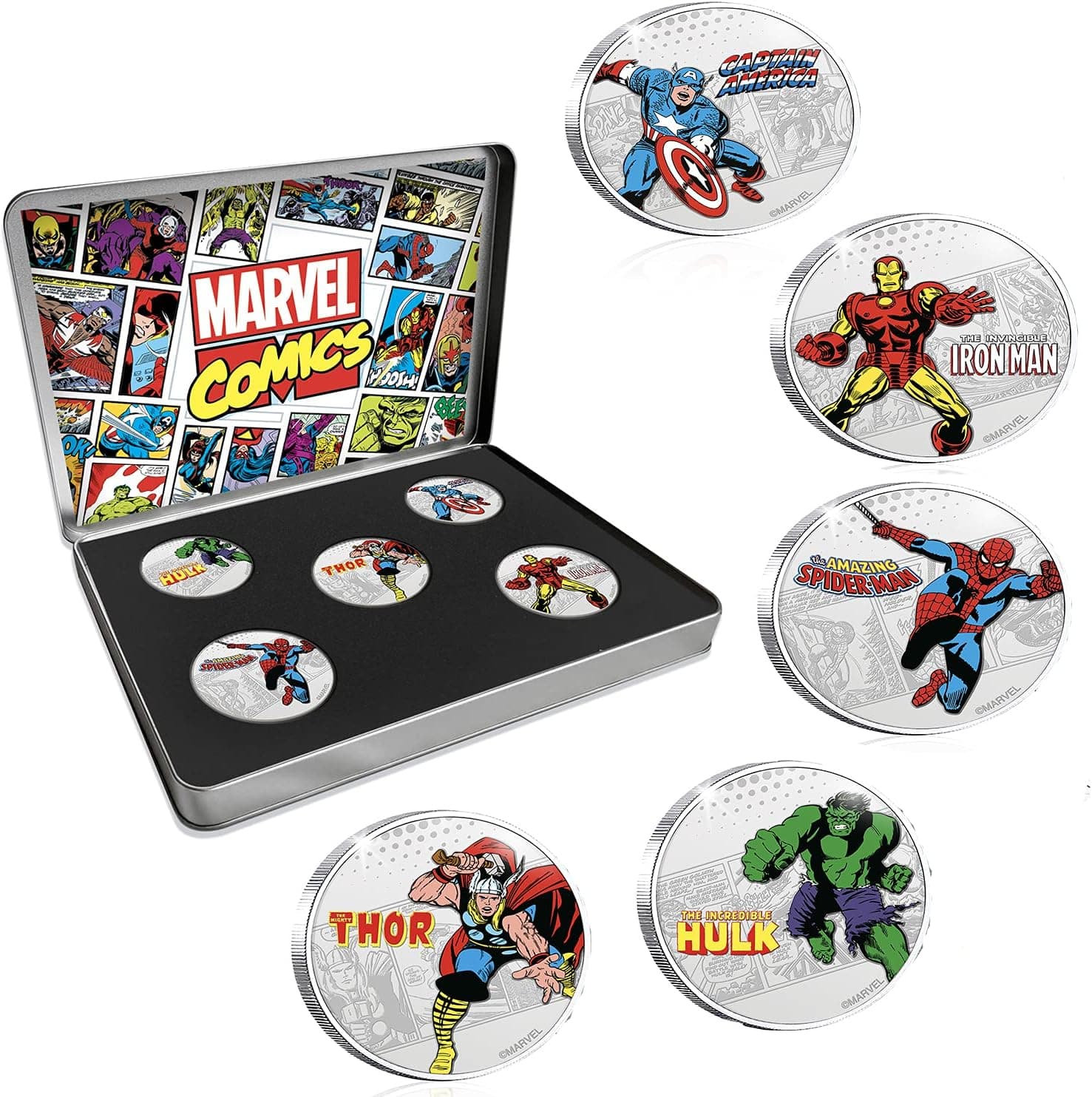 Marvel Commemorative Complete Collection - Deluxe 80th Anniversary Collectable Ag Plated Coin Bundle, Iron Man, Spider Man, Hulk, Thor, Captain America + Thin Box with Certificate of Authenticity