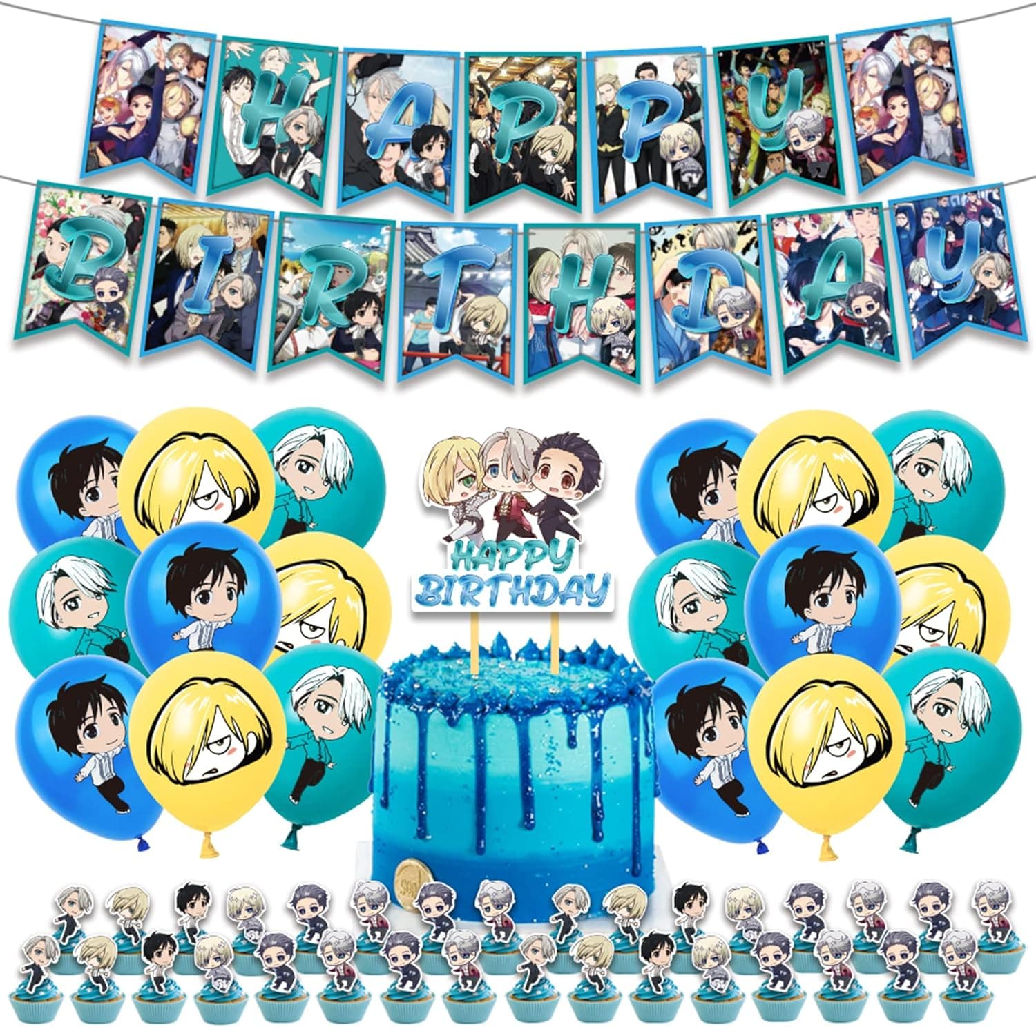 YURI!!! on ICE Birthday Party Decoration Anime Party Supplies Include Happy Birthday Banner Balloons Cake Topper for Theme Birthday Party Decoration