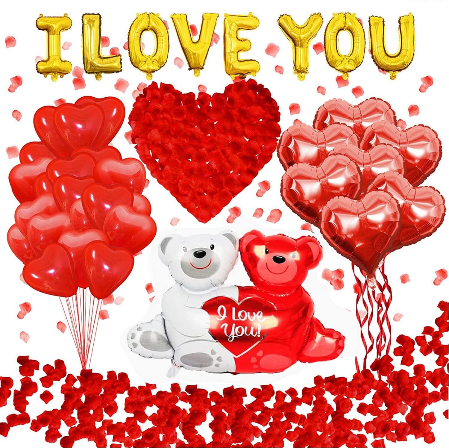 Kederwa Valentine Day Decoration I Love You Balloons and Heart Balloons Kit with Red Rose Petals Love-Bear Red Heart Balloons for Valentine Decorations