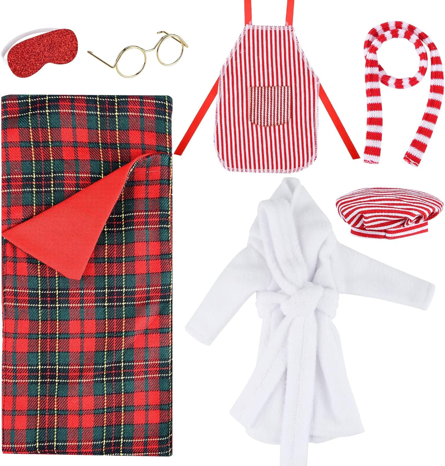 TUPARKA 7 Pieces Sleeping Bag Christmas Accessory for Elf Doll, Including Christmas Doll Sleeping Bag, Bathrobe, Apron and Chef Cap, Christmas Elf Doll Sleeping Bag Set for Elf Doll Clothes Kit (Red)