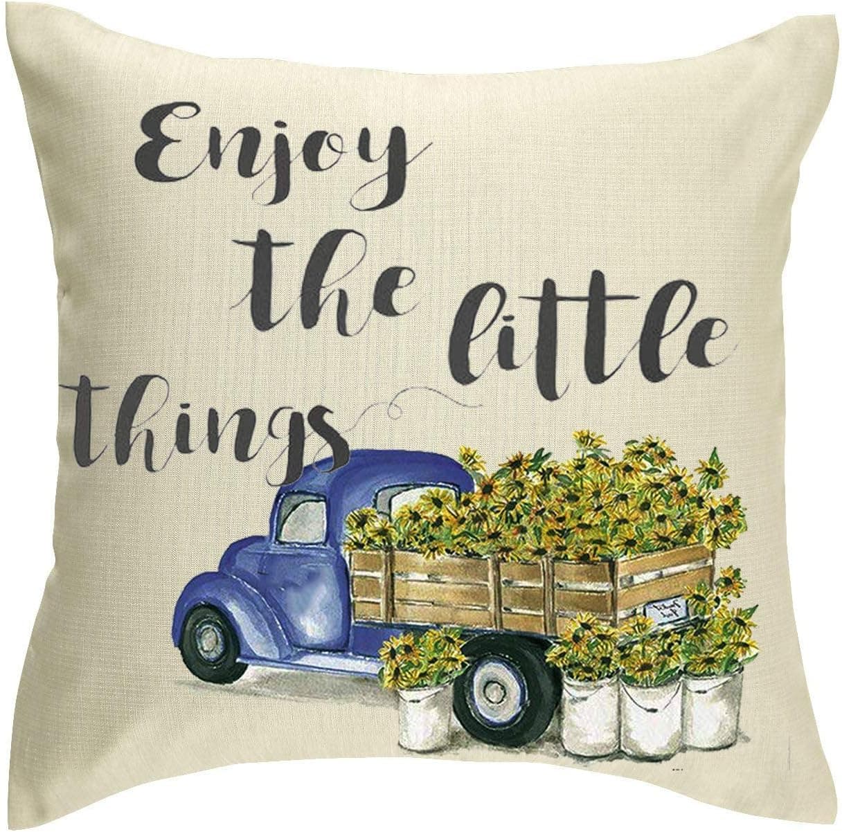 Jimrou Throw Pillow Cover 18x18inch Christmas Enjoy The Little Things Festival Gifts Blue Truck Pickup Yellow Flowers Cotton Linen Decorative Home Sofa Chair Car Square Throw Pillow Case Cushion Cover