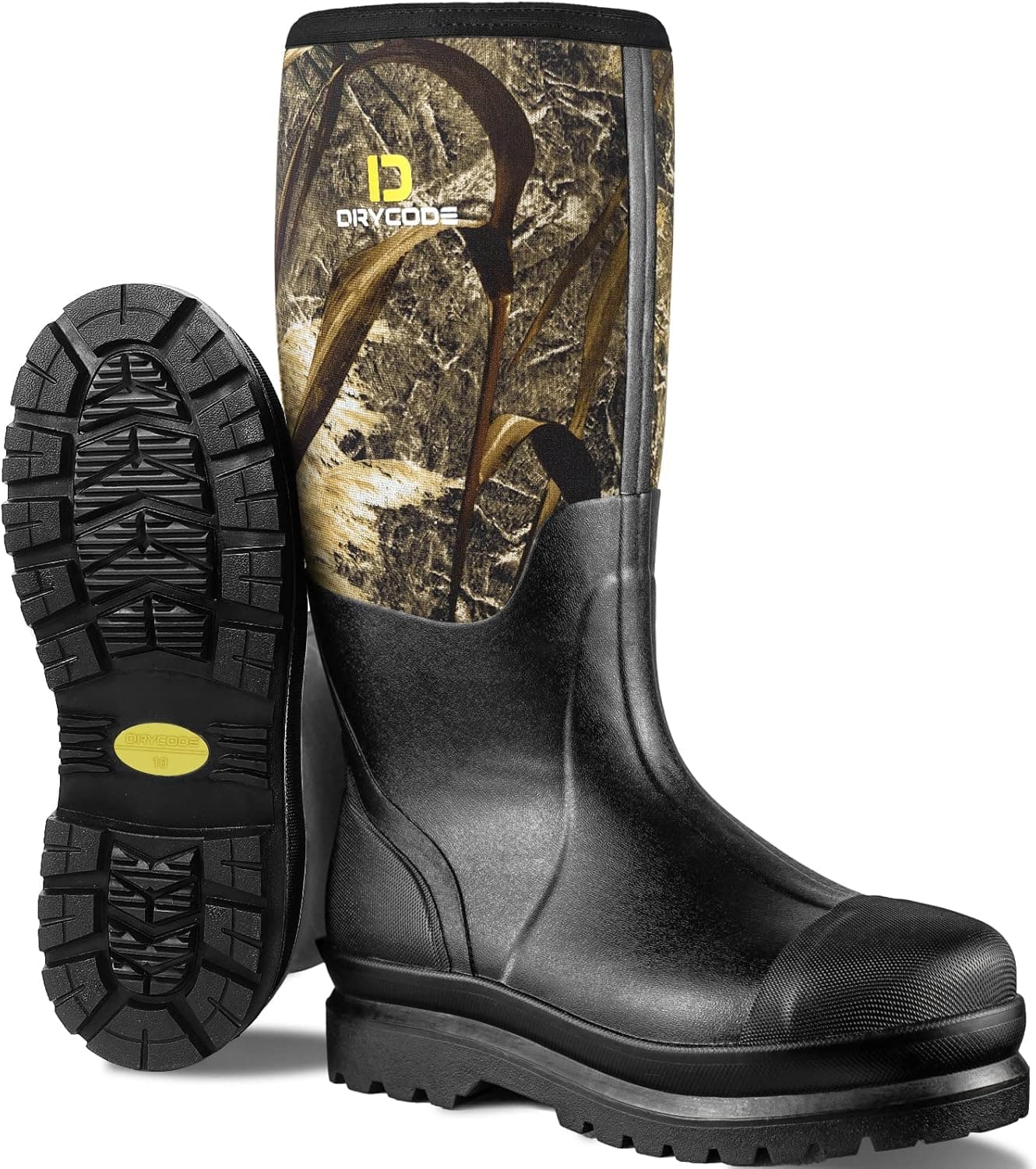 DRYCODE Work Boots for Men with Steel Shank, Waterproof Rubber Boots, Warm 6mm Neoprene Anti Slip Durable Rain Boots, Size 5-14