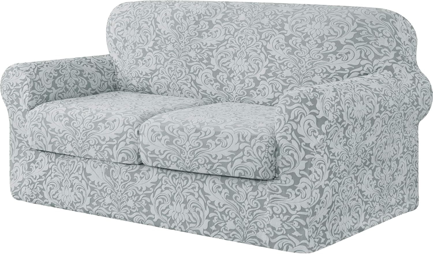 subrtex Jacquard Damask Sofa Slipcover with 2 Separate Seat Cushion Couch Cover Stretch Washable Furniture Protector for 2-Seater Conventional Settee for Kids, Pets (Medium, Light Smoky Gray)