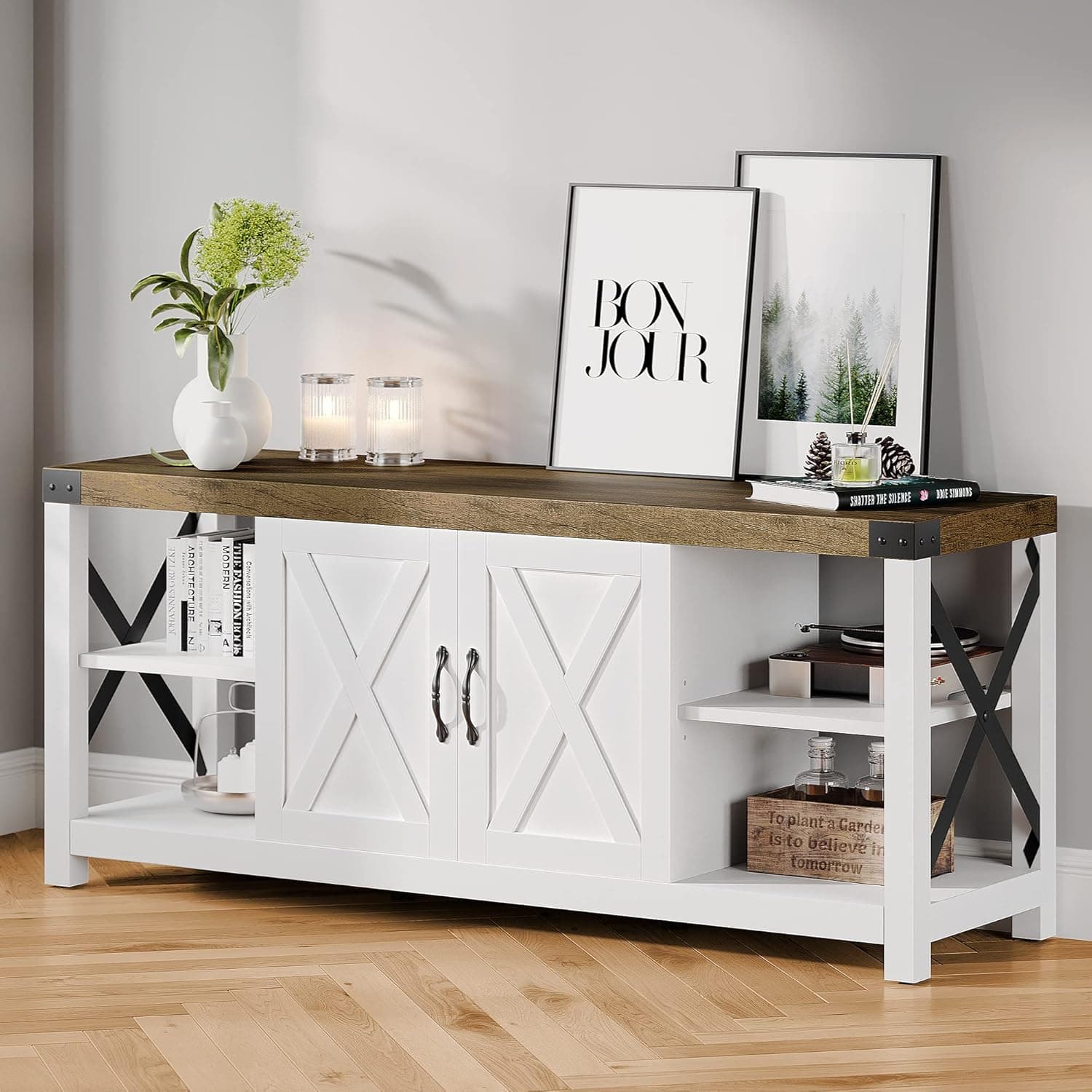 Amyove 59 Inch TV Stand for TV up to 50 60 65 Inches, Farmhouse Wood TV Cabinet Entertainment Center with Storage (White)
