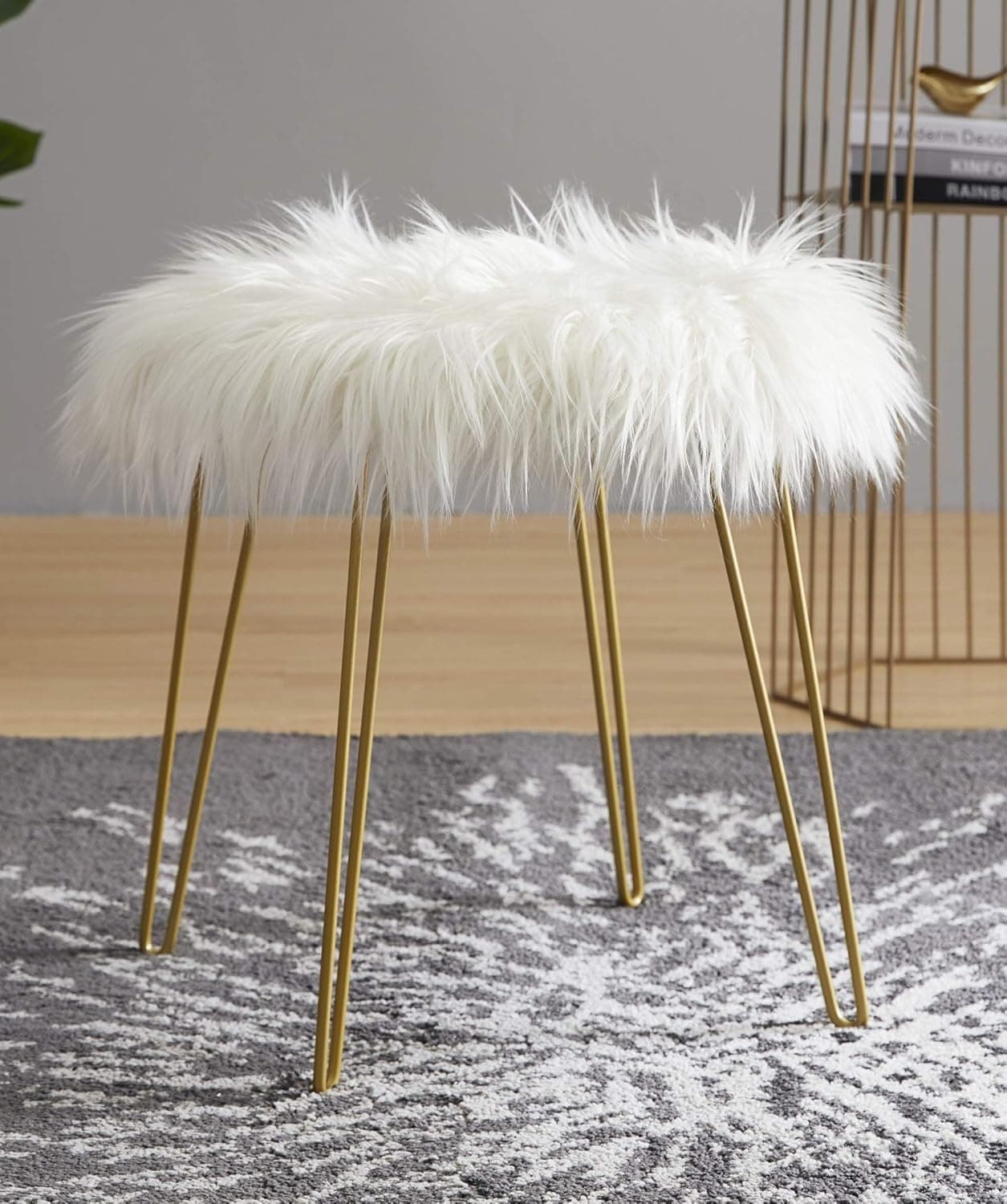 Ornavo Home Modern Contemporary Faux Fur Vanity Chair Round Ottoman Foot Rest Stool/Seat with Gold Metal Legs - 17" L x 17" W x 18" H (White)
