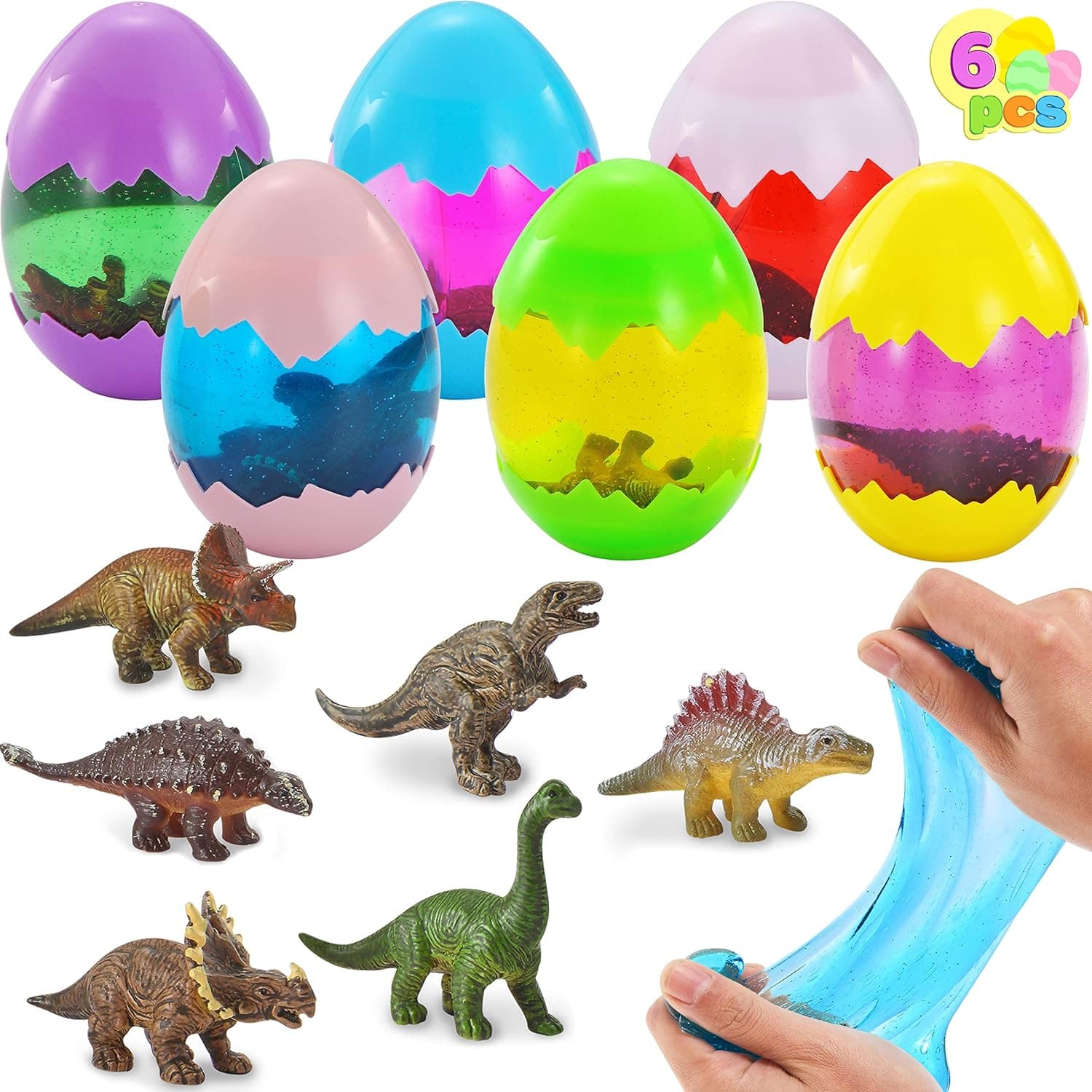 Joyin 6 Pcs Jumbo Easter Eggs Filled with Slime and Dinosaur Toys, 4.25” Crystal Slime Eggs for Kids Easter Eggs Hunt, Easter Basket Stuffers/Fillers, Easter Party Favors, Classroom Prize Supplies