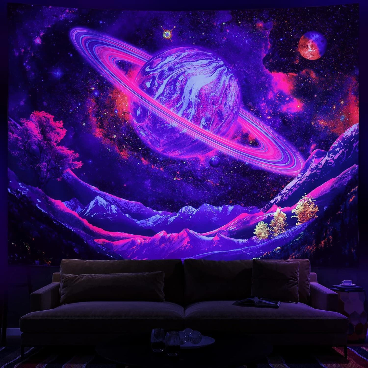 Leofanger Blacklight Tapestry UV Reactive Planet Tapestry Galaxy Space Tapestry Trippy Mountain Tapestry Starry Sky Tapestry Wall Hanging for Home Decor(51.2"x59.1")