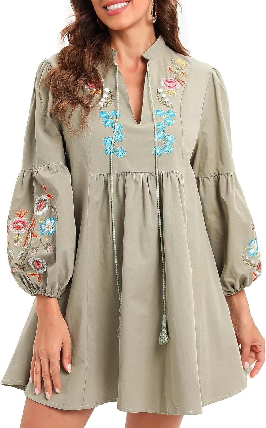 Aofur Women Bohemian Vintage Embroidered Spring Shift Mini Dress Long Sleeve Casual Tops Blouse