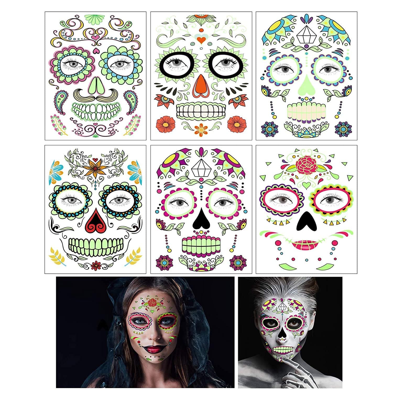 Day of the Dead Face Tattoos, 6 Sheets Sugar Skull Temporary Tattoo Glow in The Dark, for Women Men Halloween Party Makeup (Multicolor)