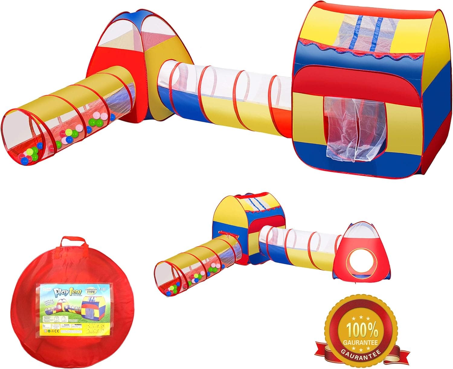 Extra Large Kid Tent iCorer 4pc Pop Up Children Play Tent w/ 2 Crawl Tunnels & 2 Tents - Ball Pits for Boys Girls Toddlers for Indoor & Outdoor Use Children Playhouse w/Zipper Storage Case