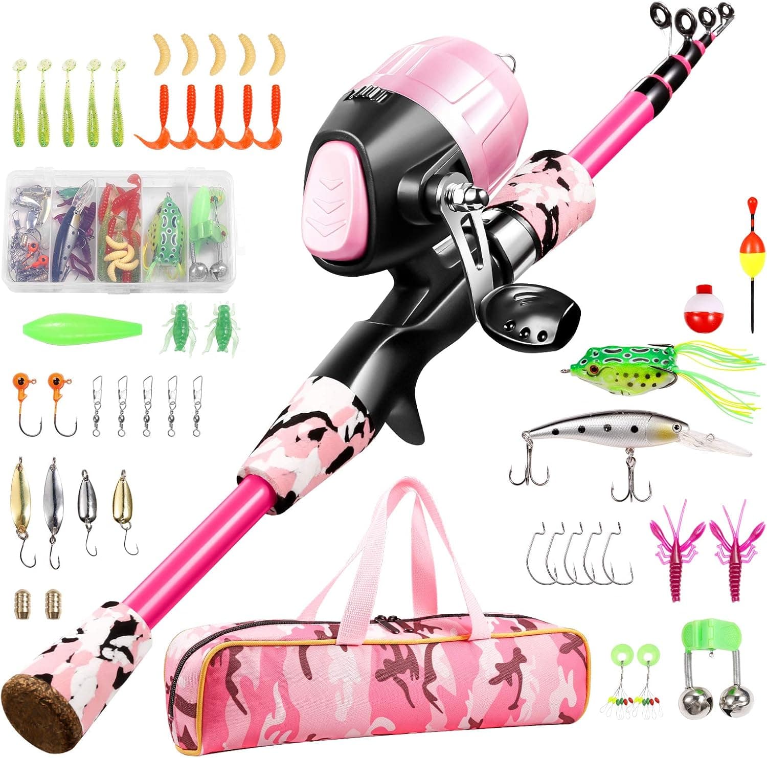 Gamashino Kids Fishing Pole - Telescopic Fishing Rod and Reel Combo Kit - Fishing Gear, Fishing Lures, Carry On Bag, 70 Set Fully Fishing Equipment - for Boys, Girls, Youth