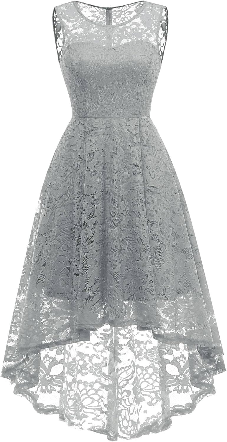 MUADRESS Women's Elegant Floral Lace Dress Sleeveless Crew Neck Hi-Lo Cocktail Dress for Evening Party