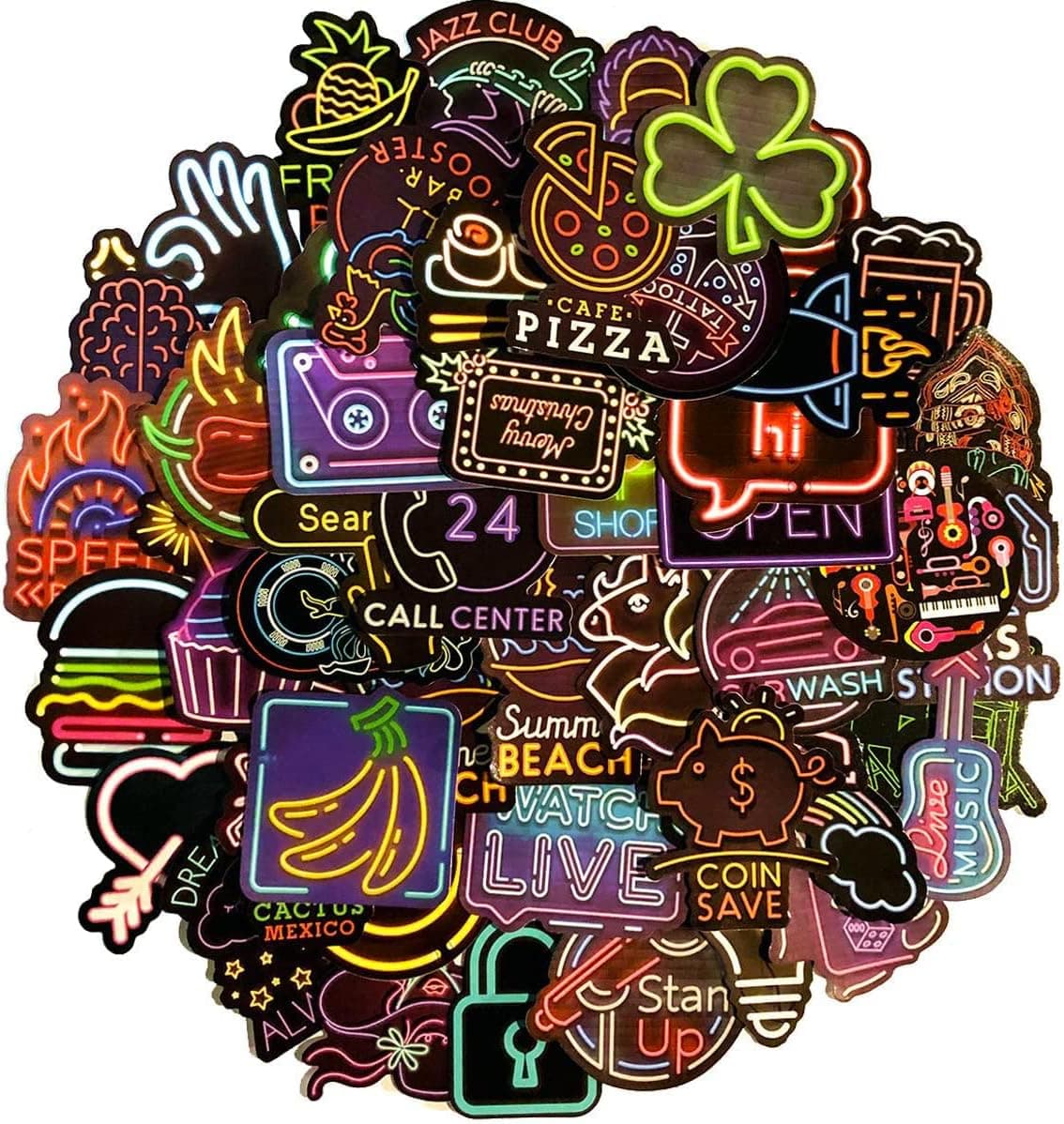 Linzze Stickers 50-Pcs Pack Waterproof Vinyl Bumper Decals Perfect for Laptop Car Skateboard Water Bottle Scrapbook Travel Case Guitar Luggage Motorbikes (Neon Light)