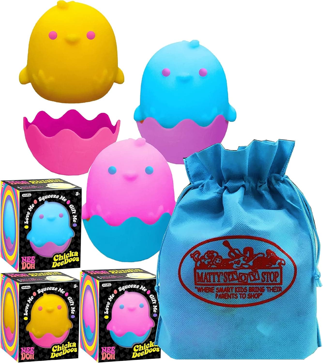 Schylling Nee Doh Chicka DeeDoos...Groovy, Squishy, Squeezy, Stretchy Stress Fidget, Switch & Swap Chicken and Eggs Purple/Blue, Pink/Blue & Yellow/Pink Complete Bundle with Storage Bag - 3 Pack
