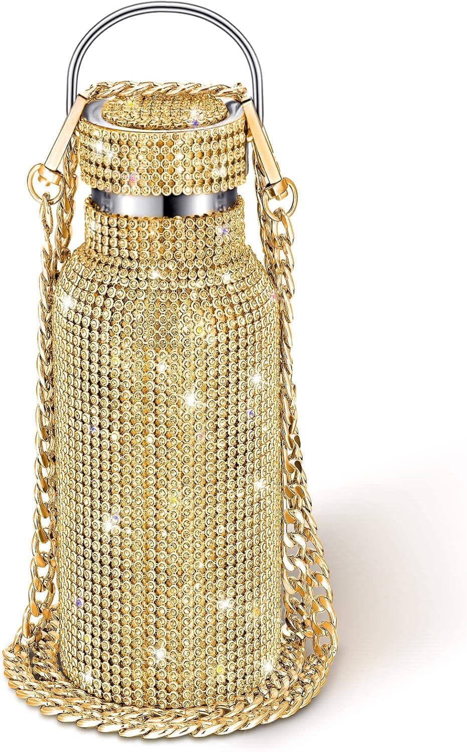 Diamond Water Bottle Bling Rhinestone Stainless Steel Thermal Bottle Refillable Water Bottle Insulated Water Bottle Glitter Water Bottle with Chain for Women Girls Gifts (Gold, 500 ml)