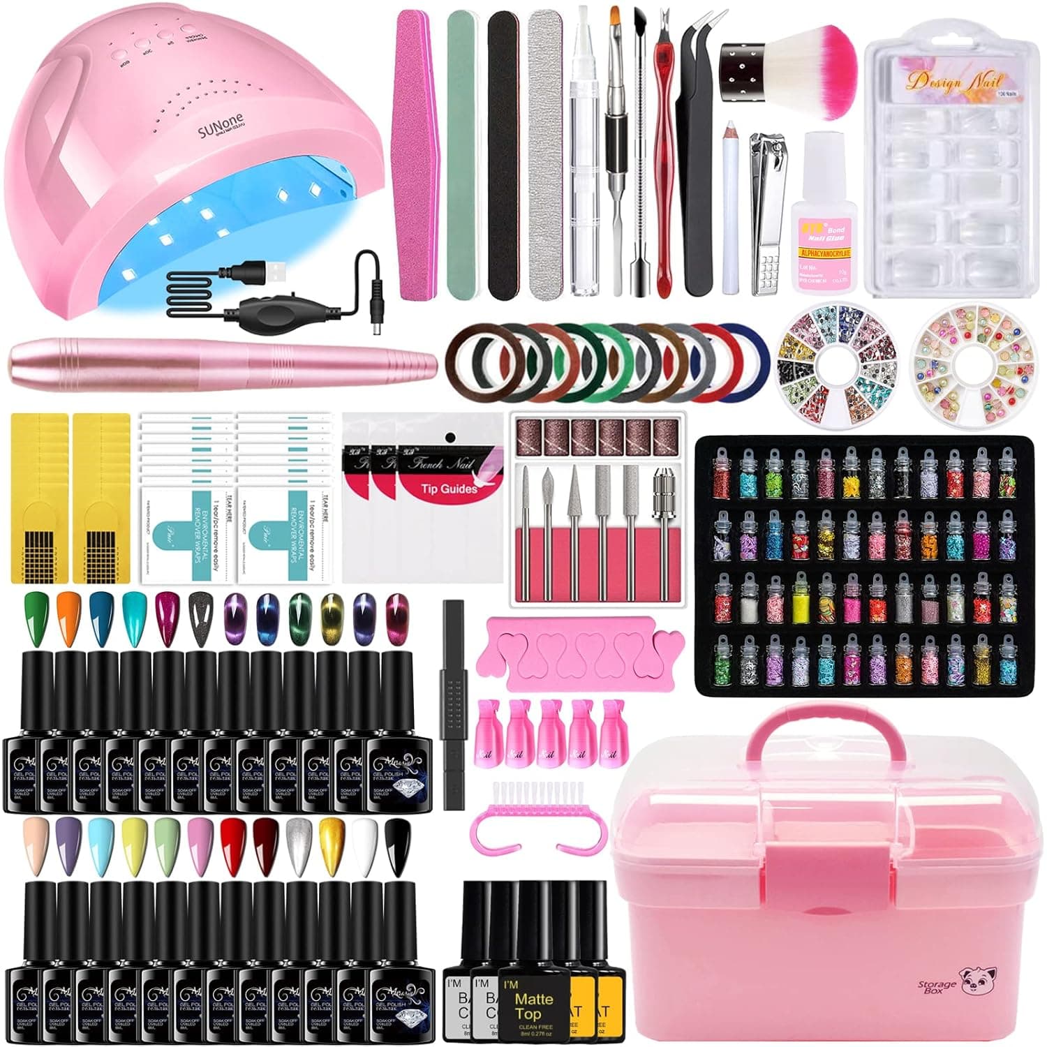 Complete Nail Studio Set with 48W UV LED Lamp, 24 Rainbow Colors, Cat Eye Gel Polish Kit, Nail Drill & More, Storage Box for Home Manicures