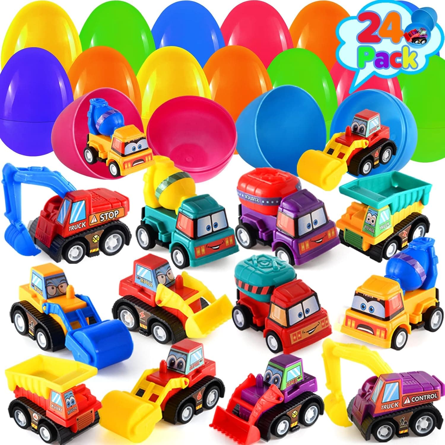 Duchong 24 Pack Easter Eggs with Toys Inside, Prefilled Easter Eggs with Pull-Back Construction Car Toys, Surprise Eggs for Easter Hunt, Easter Basket Stuffers for Toddlers, Classroom Prize Supplies