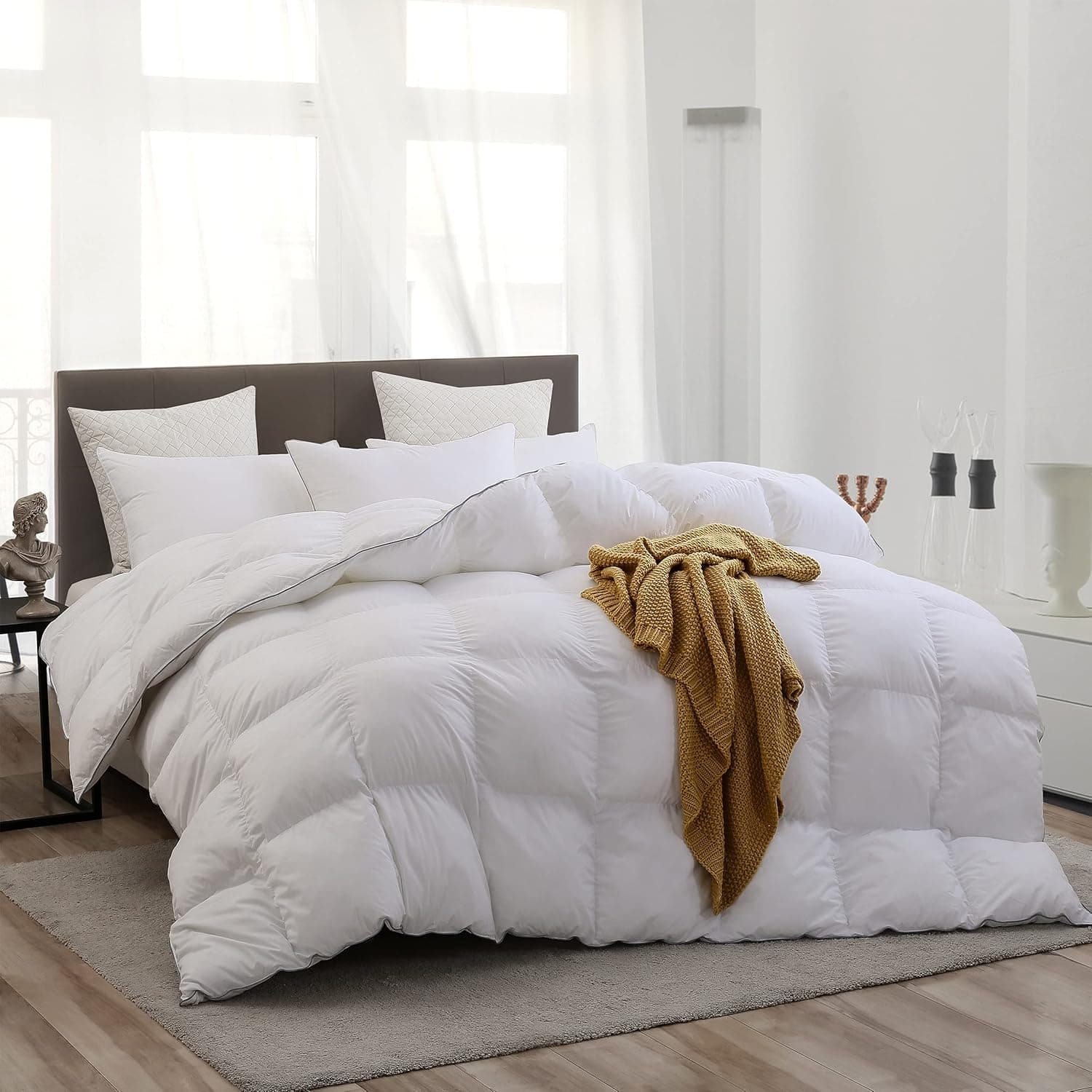 L LOVSOUL White Goose Down Comforter King 100% Egyptian Cotton Down Fiber Comforter 1200 Thread Count Baffle Box Stitched Down Duvet Comforter with Corner Tabs for All Season 106x90Inches