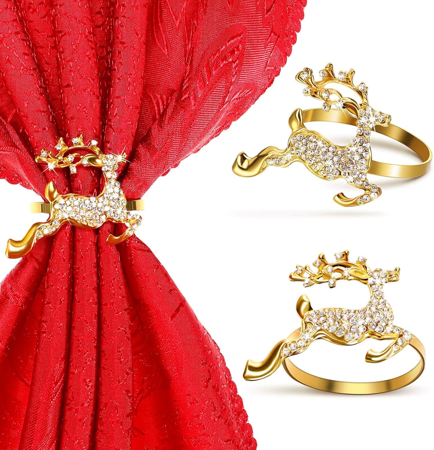 12 Pieces Christmas Napkin Rings Elk Napkin Rings Holder Buckle Deer Napkin Ring Holder Rhinestones Alloy Metal Napkin Rings for Christmas Thanksgiving Wedding Party Dinner Table Decor (Gold)