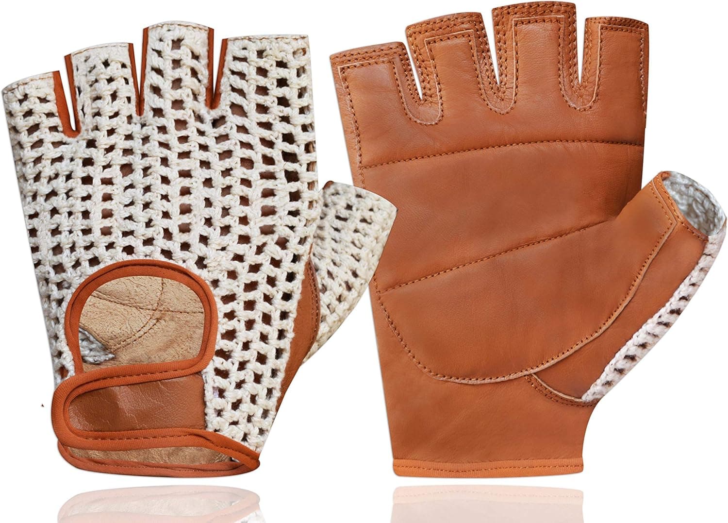 Retro Leather Crochet Cycling Gloves - Classic Tan