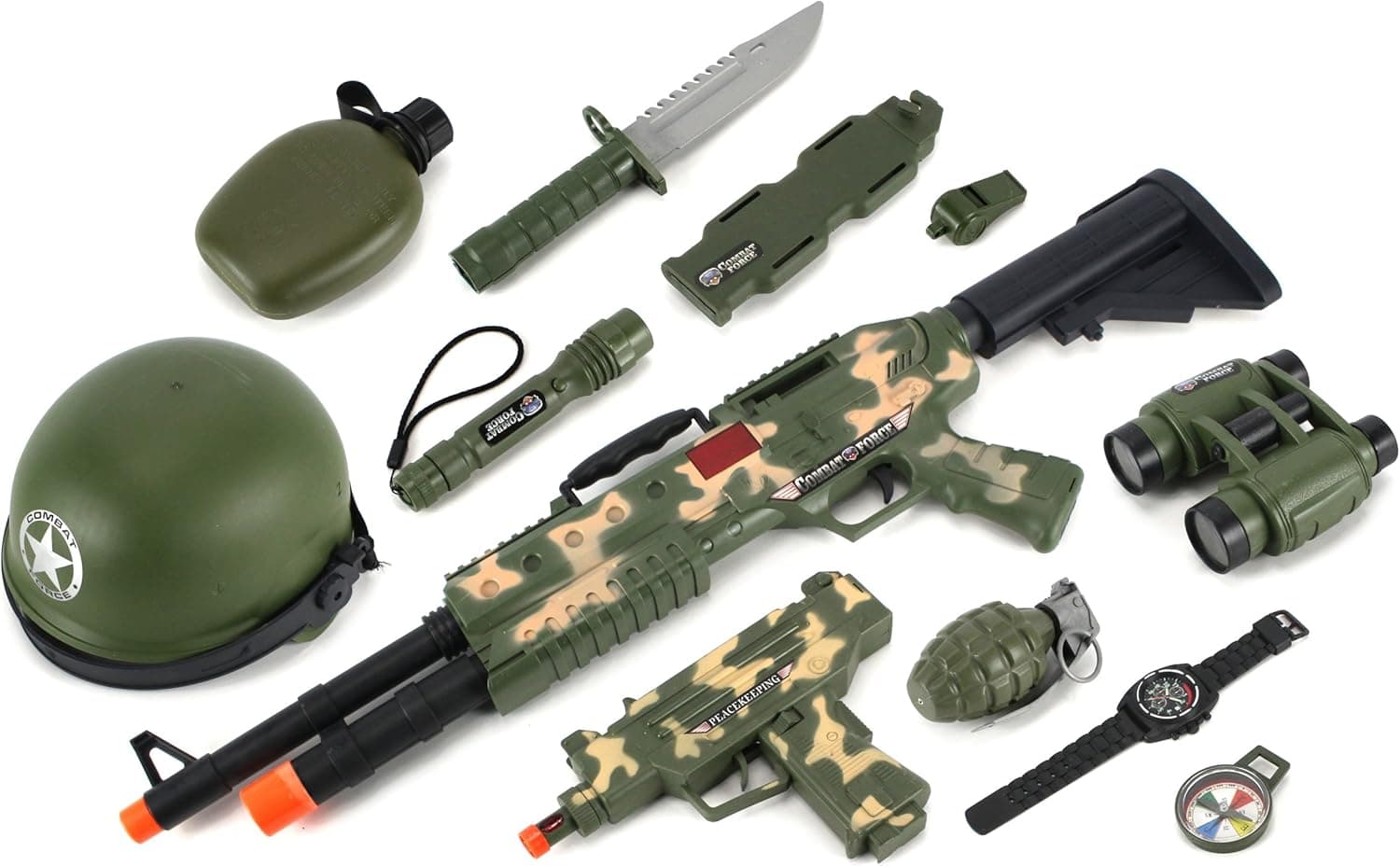 Combat Force Army Machine Gun & SMG Toy Gun Complete Combo Set w/ Battery Operated Machine Gun & SMG, Helmet, Working Flashlight, Canteen, Dummy Knife, Mock Compass, Watch, Grenade, Whistle, Binoculars