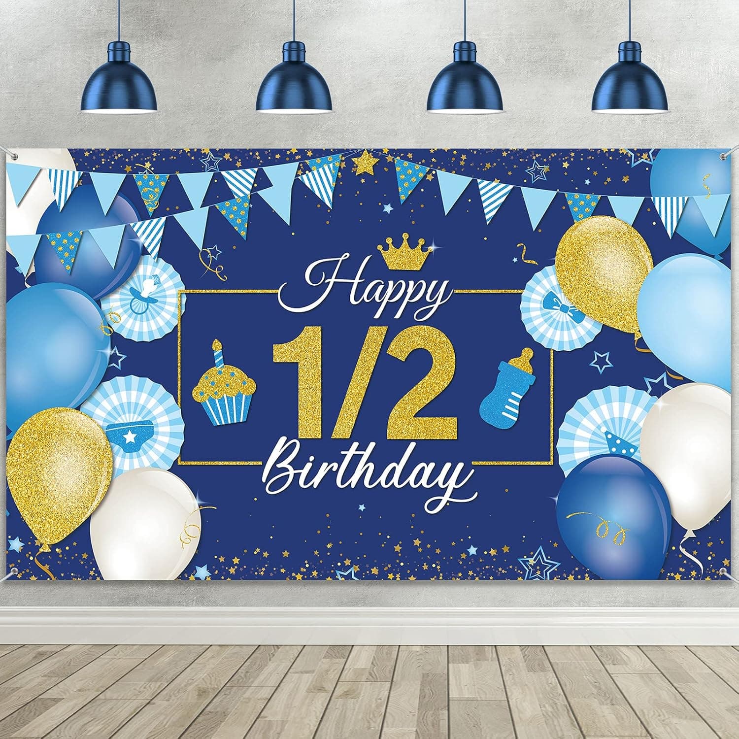 1/2 Birthday Decoration Backdrop Blue and Gold Half Birthday Banner 6 Months Happy Birthday Background Half Birthday Party Supplies Photo Booth Props for Photography (3.6 x 6 Feet)