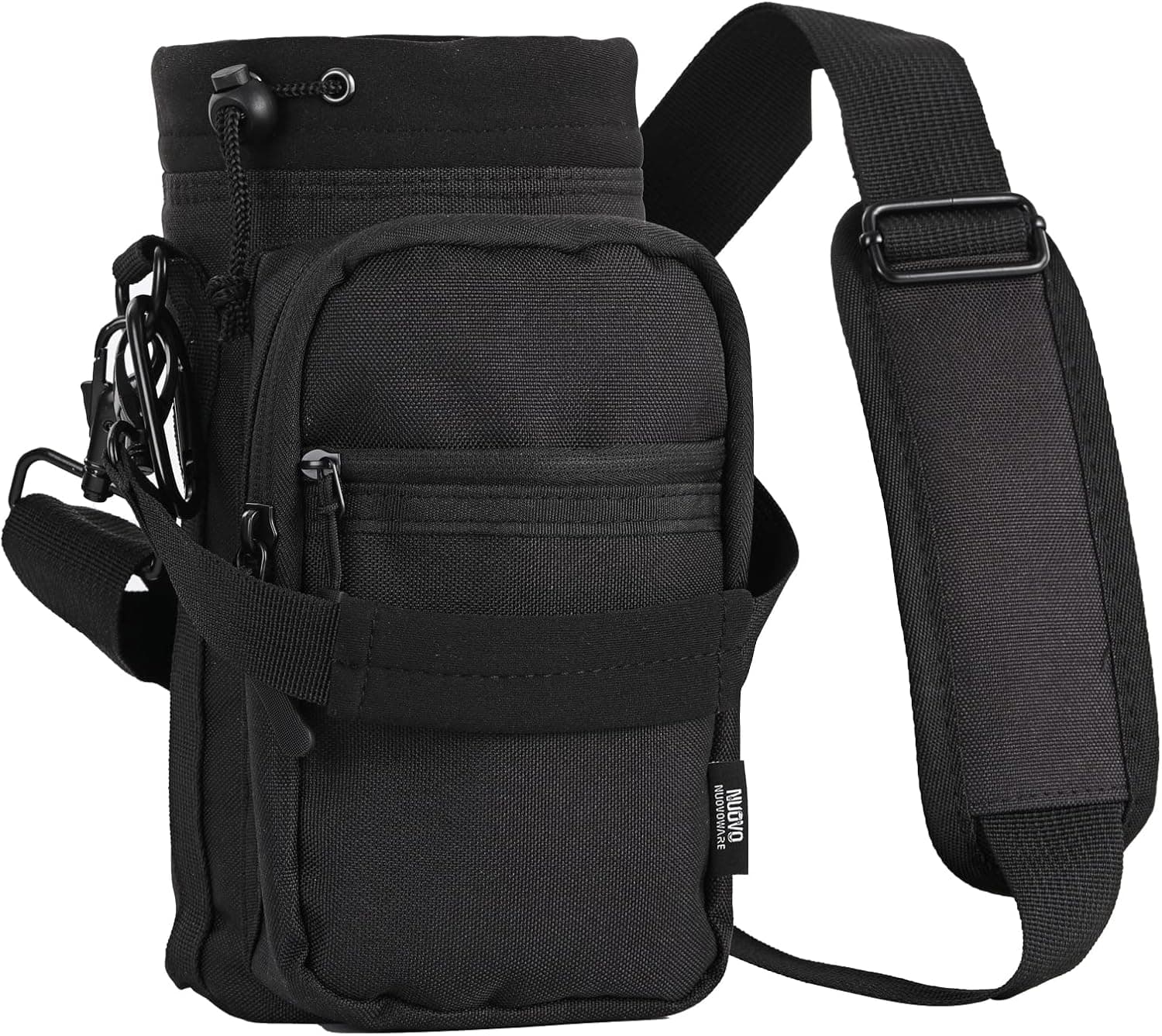 Nuovoware Water Bottle Carrier, 40oz Bottle Carrier Sports Insulated Water Bottle Holder with Adjustable Shoulder Strap, 2 Pockets Flask Sling Bag Drawstring Pouch for Climbing Hiking Walking, Black