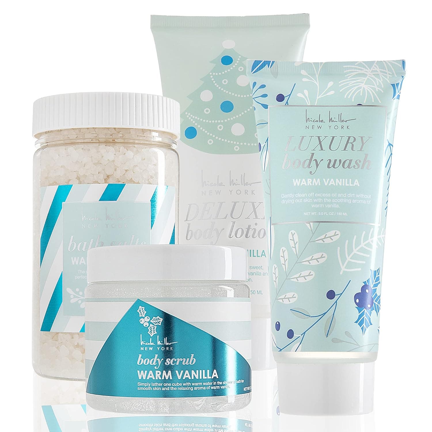 Nicole Miller Bath and Body Holiday Gift Set- 4 Piece Relaxing, At Home Spa Set with Bath Salts, Body Scrub, Body Wash, and Lotion Scented in Warm Vanilla