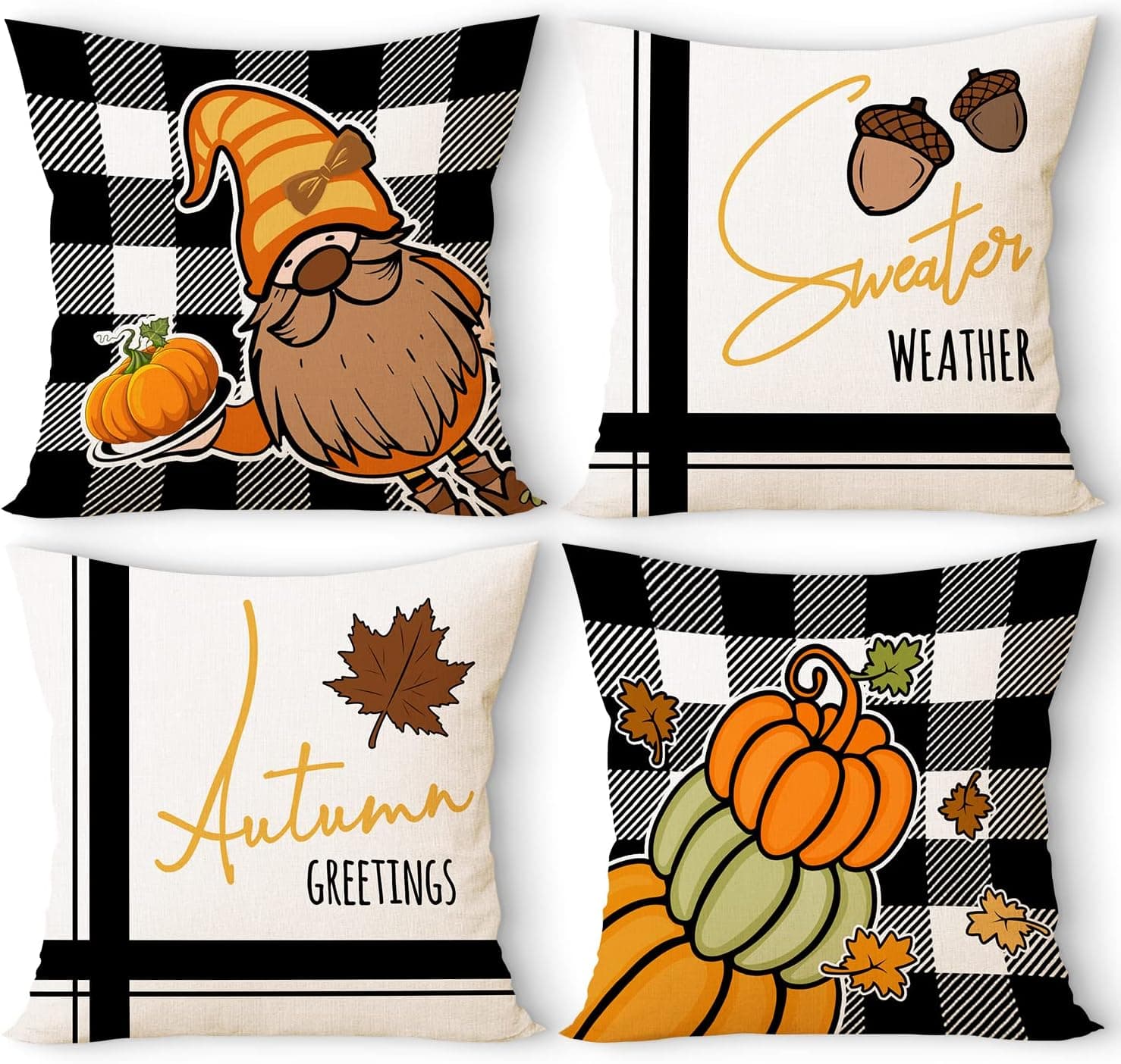 Ywlake Fall Throw Pillow Covers 26x26 Set of 4, Decorative Seasonal Holiday Autumn Pumpkin 26 x 26 Buffalo Check Plaid Cushion Pillow Cases for Indoor Home House Couch Decor