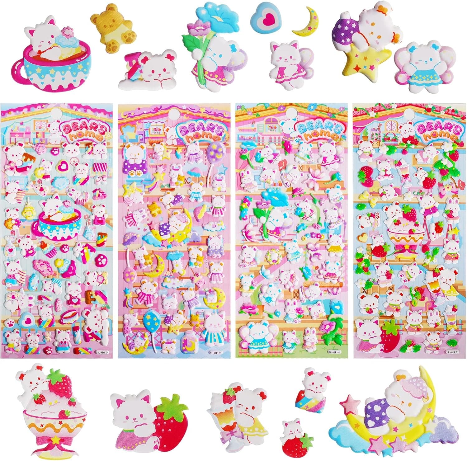 Cute Puffy Stickers Kawaii Korean Bear Stickers for Kids Girls Scrapooking,3D Foam Bears with Strawberry Heart Moon for Little Girls Valentines Gift, Party Favors, Small Bears for Teens Headphone Stocking Stuffers,4 Sheets.