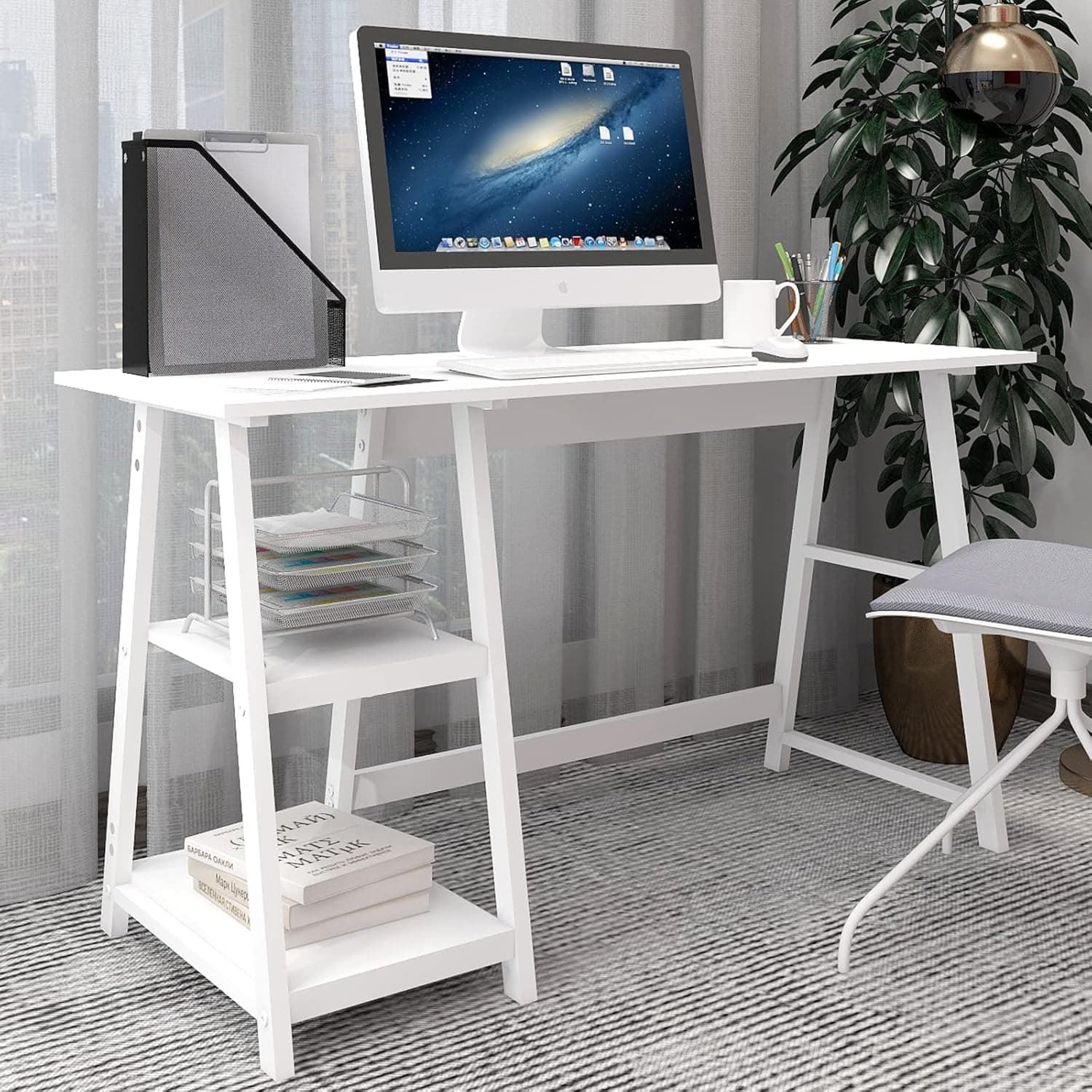 Natwind 51" White Desk Home Office Computer Working Kid Student Study Table with 2-Tier Storage Bookshelves Modern Simple Study Laptop Writing Elegant Style Desk Workstation for Office Home (White)