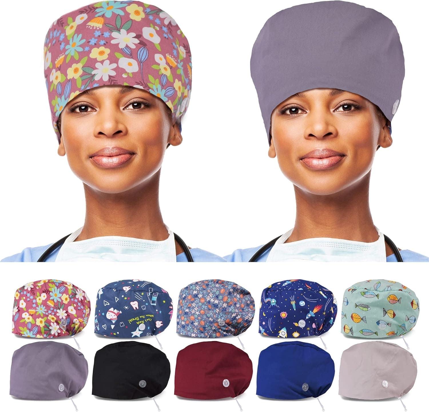 2 Pieces Adjustable Scrub Caps Women with Button and Sweatband, Working Hats for Women Men Working Cap Head Cover