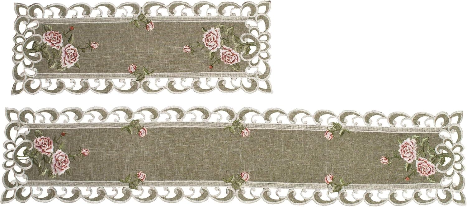Set of 2, Table Runner with a Pink Rose and Sage Green Burlap Linen Fabric, Coffee Table Scarf, Toilet Lid Scarf, Size 8 x 20 Inch, 8 x 35 Inch Rectangle