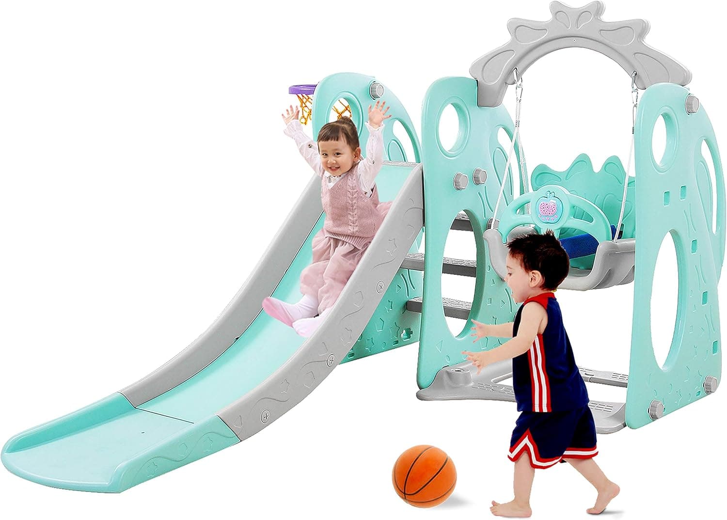 PlayEasy Climber and Swing Set Combination of Swing Slide Basketball Hoop Rabbit with Big Eyes Indoor Backyard Slide Playground 3-in-1 Mint Green