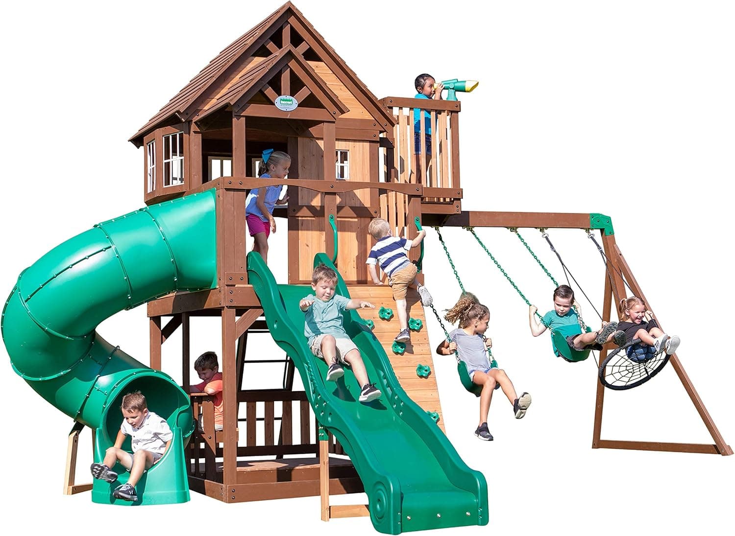 Backyard Discovery Skyfort All Cedar Swing Set, Elevated Covered Wood Roof Clubhouse with Bay Windows, 2 Belt Swings, Web Swing, 10ft Wave Slide, 5 ft Tube Slide, Covered Picnic Table, 5 ft Rock Wall
