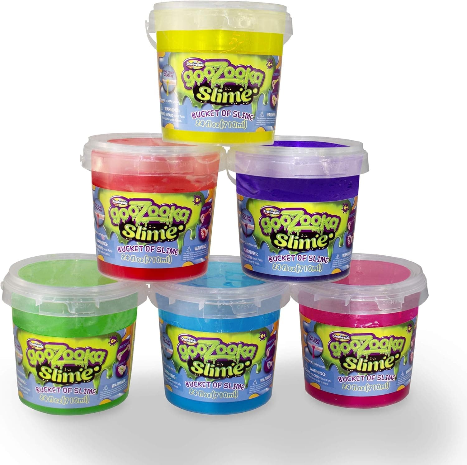 GooZooka Slime Bucket Pack – Bulk Bundle of [6] 24-oz Reusable Tubs of Slime w/ Handles in Red, Yellow, Green, Pink, Blue & Purple – Perfect for Boys & Girls Birthday Gift, Party Favors, School & More