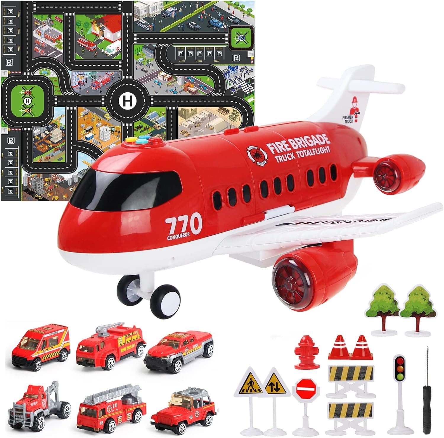 Coolplay Red Airplane Toy Set Rescue Fire Truck Toy Lights and Sound for Kids Gift Ambulance Car Toy Transport Vehicles for Boy 3-6 Years Old