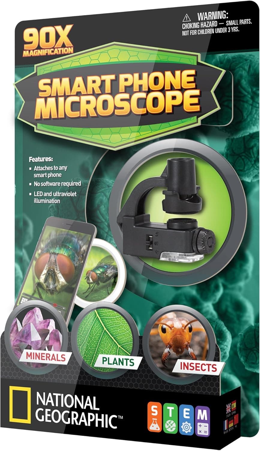 NATIONAL GEOGRAPHIC Cell Phone Pocket Microscope - 90x Magnification, Quickly Attaches to Any Smart Phone Camera, Easy to Focus and Capture Close Up Images, Durable Design