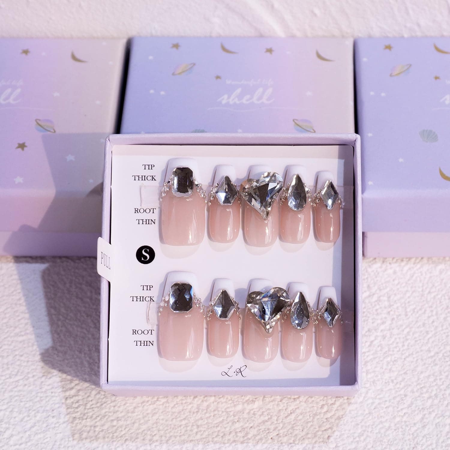 Light Rain French Tip Press on Nails - Crystal, Luxury 3D Bling Handmade with Rhinestones Reusable Gel UV Finished False nails, Hand-Painted with Design by Professional Manicurist, Coffin, Large Size