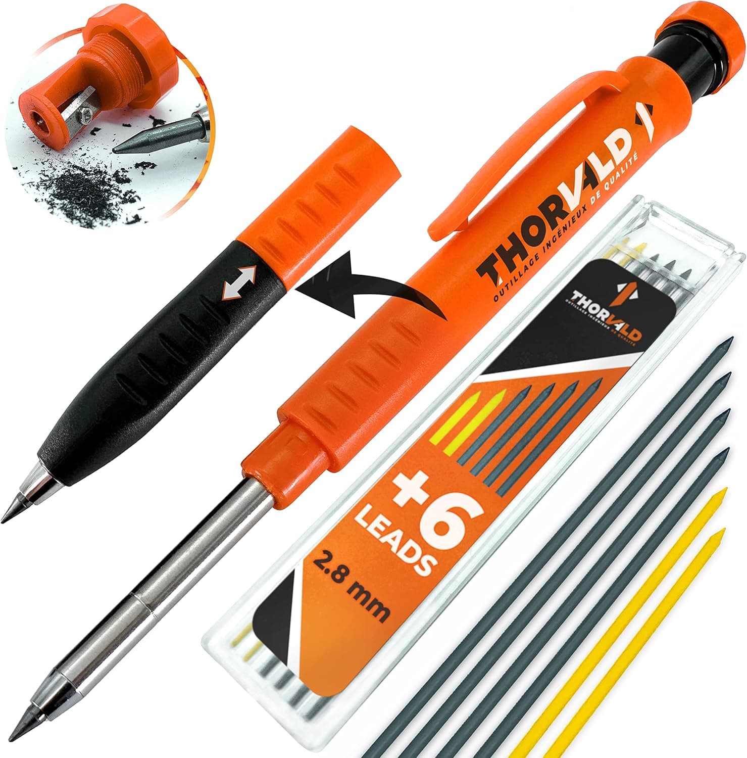 THORVALD Carpentry Pencil Set for Carpenter - Incl. 7 Leads + Sharpener + Finger Grip - Solid Mechanical Pencils with Fine Point/Best Marking tools Construction/Carpenters/Scriber